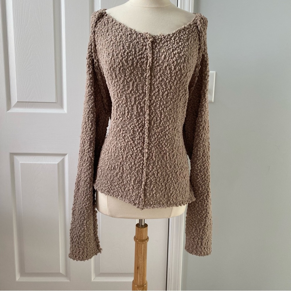 PINK LILY EXTRA LARGE TAN SCOOP NECK POPCORN LONG SLEEVE SWEATER